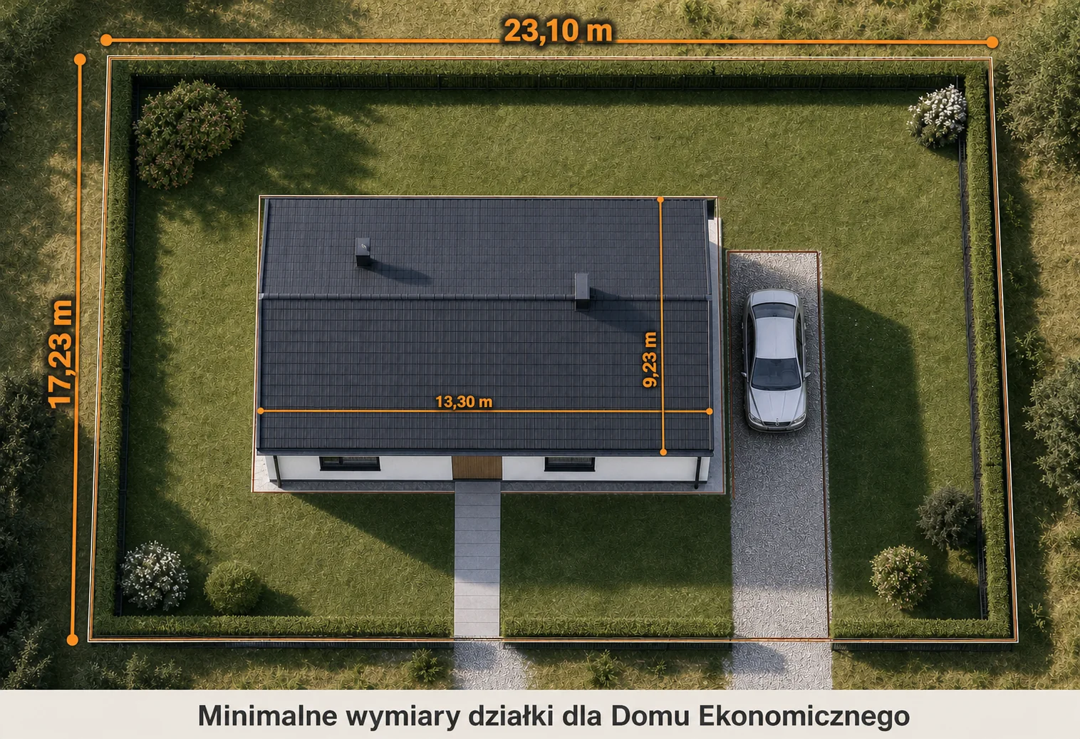 Widok z góry przedstawiający minimalne wymiary działki 23,10 na 17,23 metra dla modelu BIELSKO 3